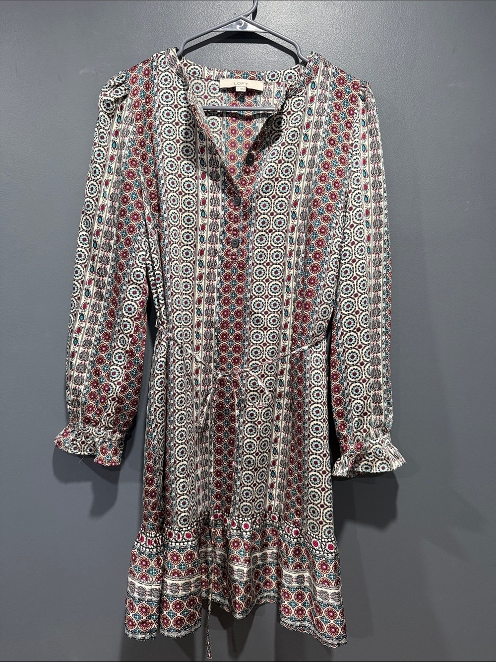 LOFT Boho Print Long Sleeve Tie Waist Mini Dress Women’s Small Multicolor